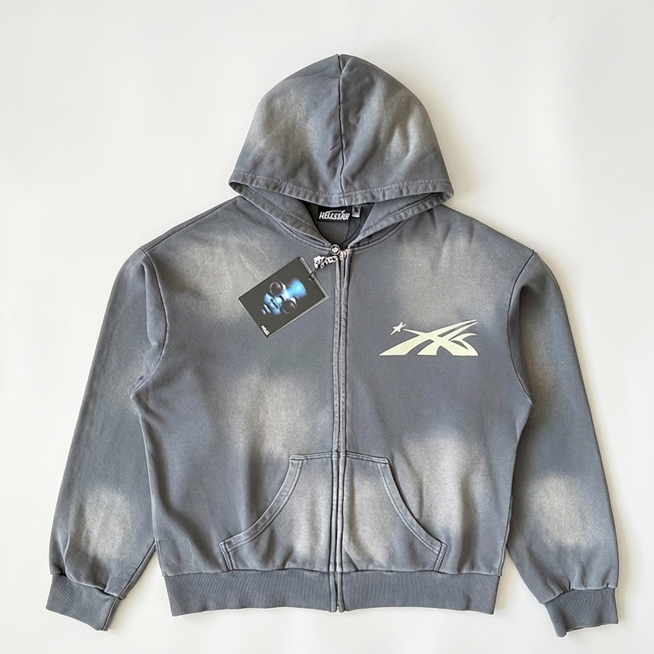Hellstar Grey Washed Zip-Up Hoodie – Premium Streetwear