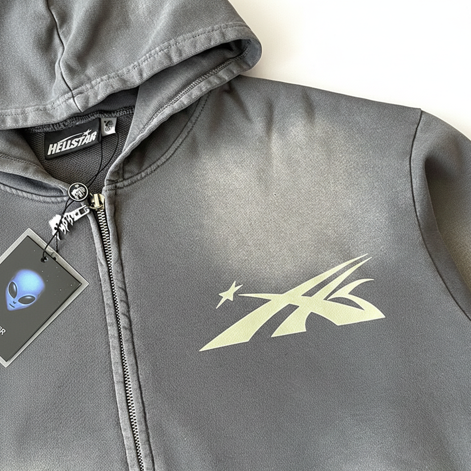 Hellstar Grey Washed Zip-Up Hoodie – Premium Streetwear