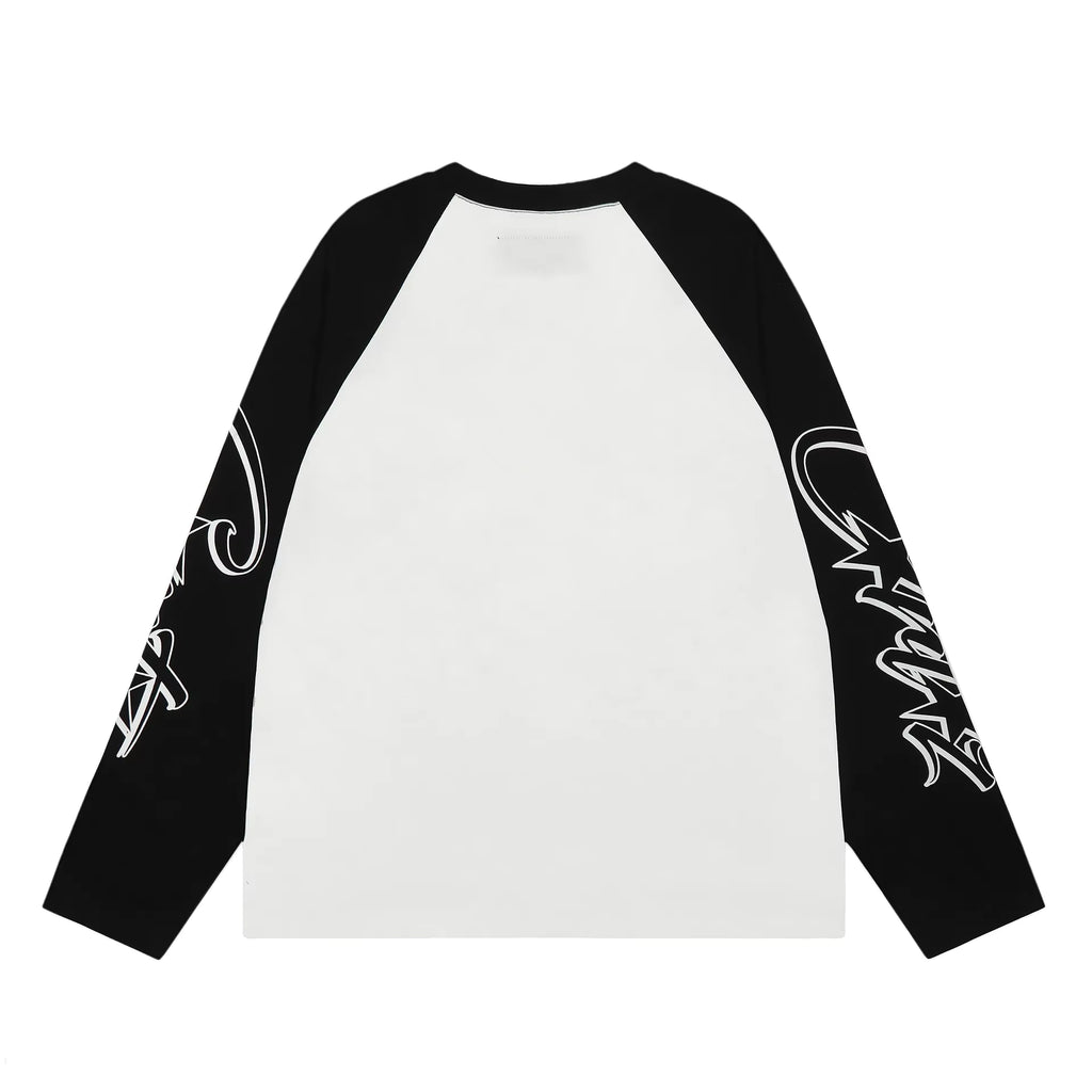 Black and white long-sleeve shirt with white designs on sleeves against a white background